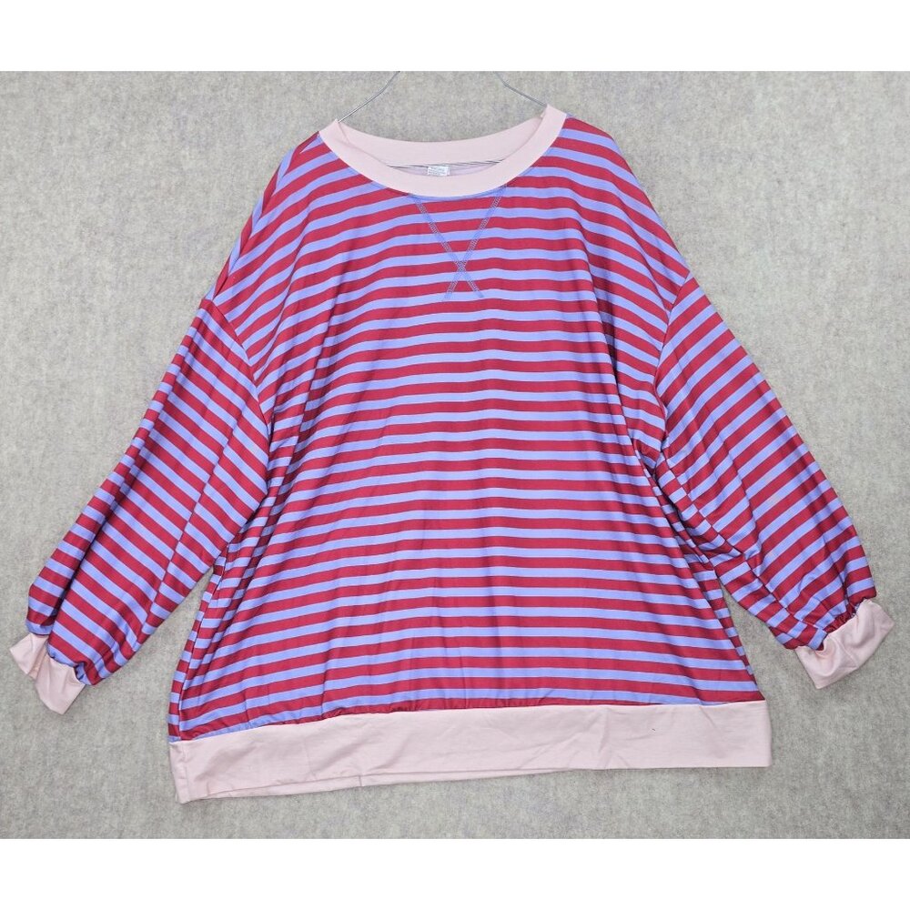Striped Womens Plus Size 4XL Pullover Top Red & Blue Pink Trim Casual Polyester